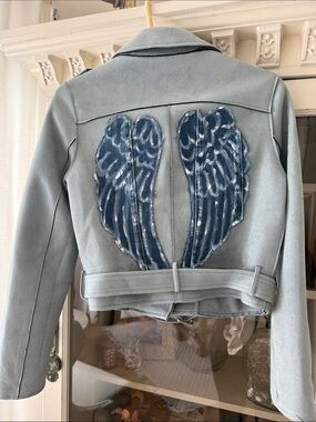 Faux suede pale blue jean wings back biker style jacket